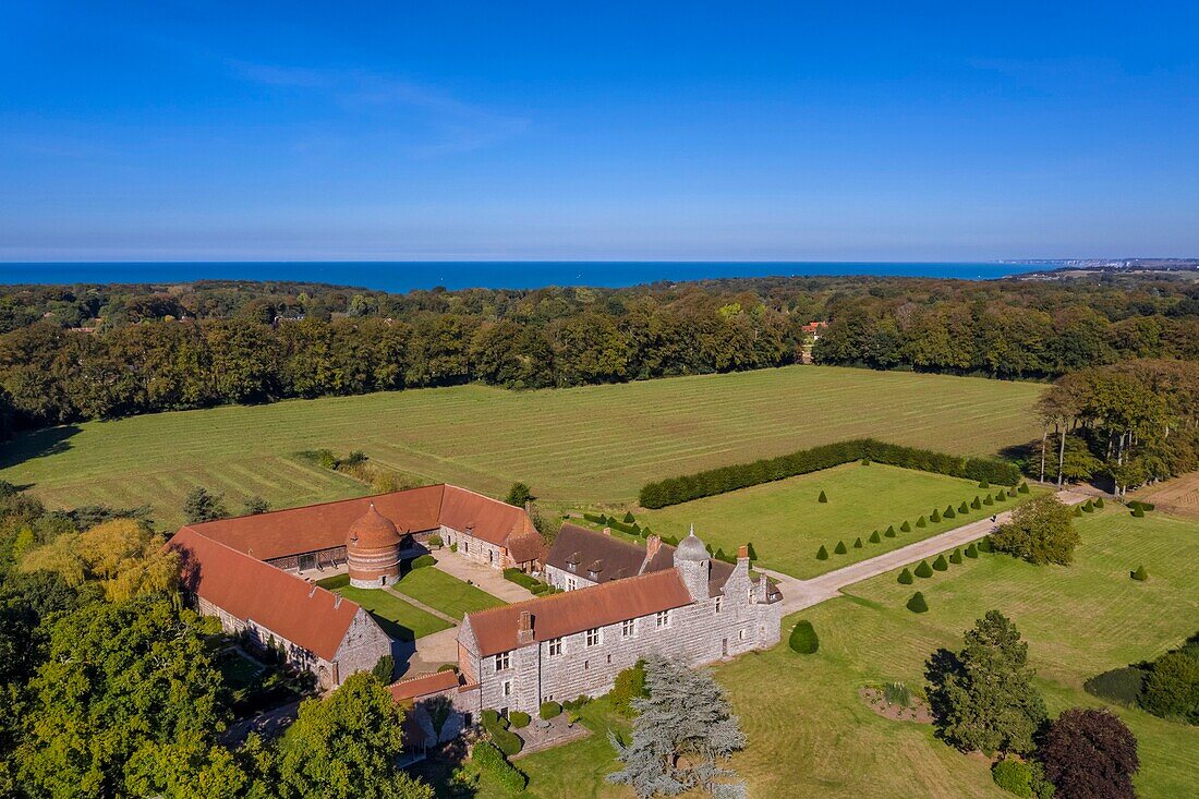 France, Seine Maritime, Cote d'Albatre (Alabaster Coast), Pays de Caux, Varengeville sur Mer, the Manoir d'Ango (Ango Manor) and its dovecote (aerial view)