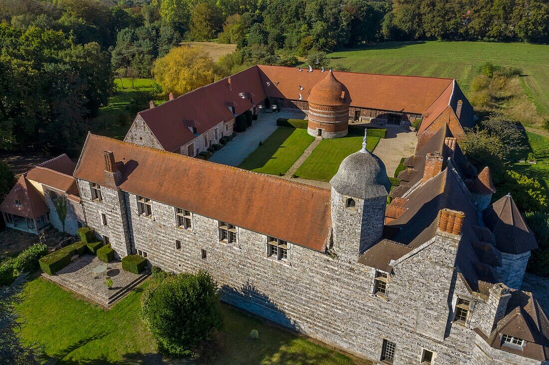 France, Seine Maritime, Cote d'Albatre (Alabaster Coast), Pays de Caux, Varengeville sur Mer, the Manoir d'Ango (Ango Manor) and its dovecote (aerial view)