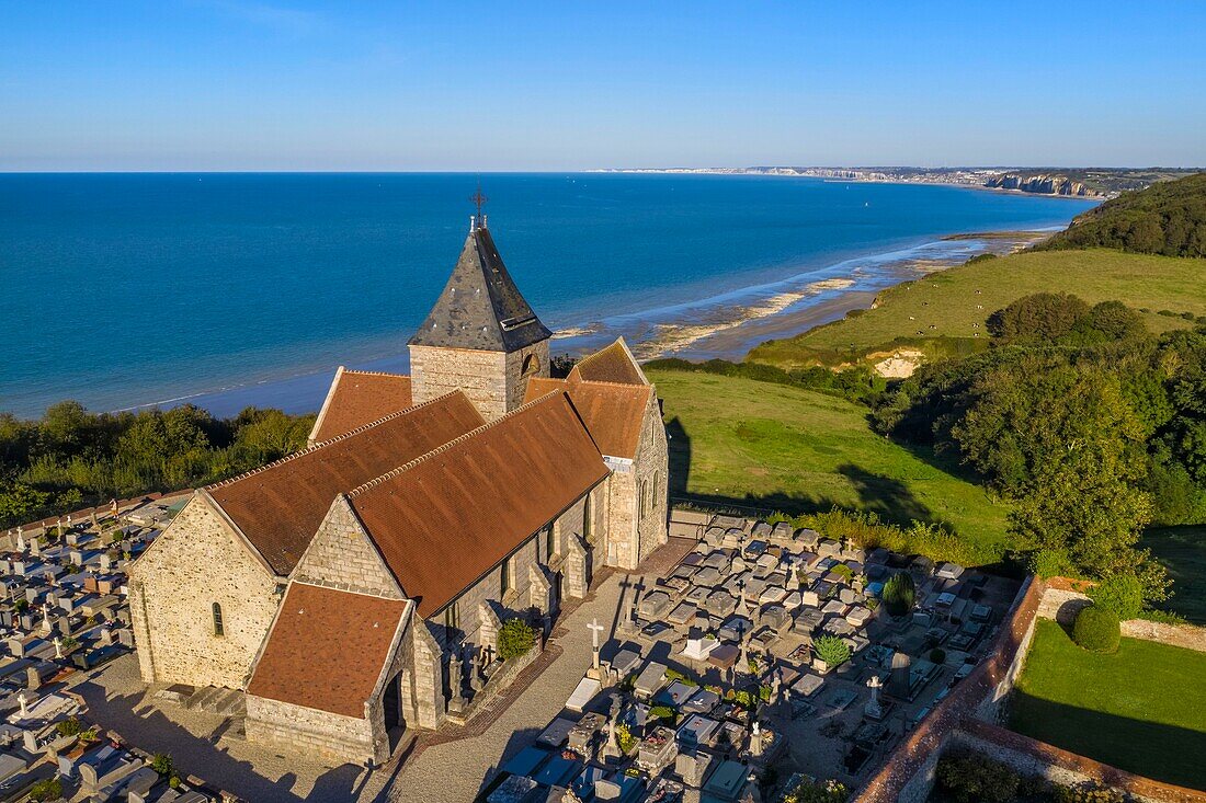 France, Seine-Maritime, Cote d'Albatre (Alabaster Coast), Pays de Caux, the Saint-Valery church of Varengeville-sur-Mer and its cemetery by the sea overlooking the cliffs of the Cote d'Albatre (Alabaster Coast) (aerial view)