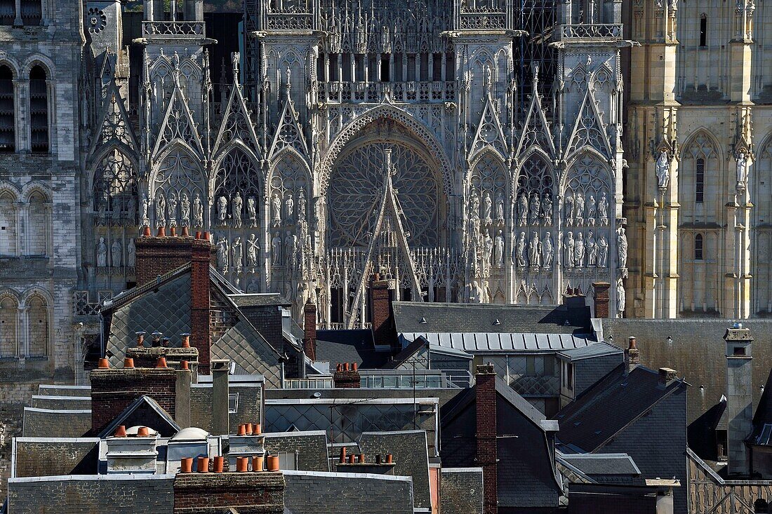 France, Seine Maritime, Rouen, south facade of the Notre-Dame de Rouen cathedral behind the roofs of the old town