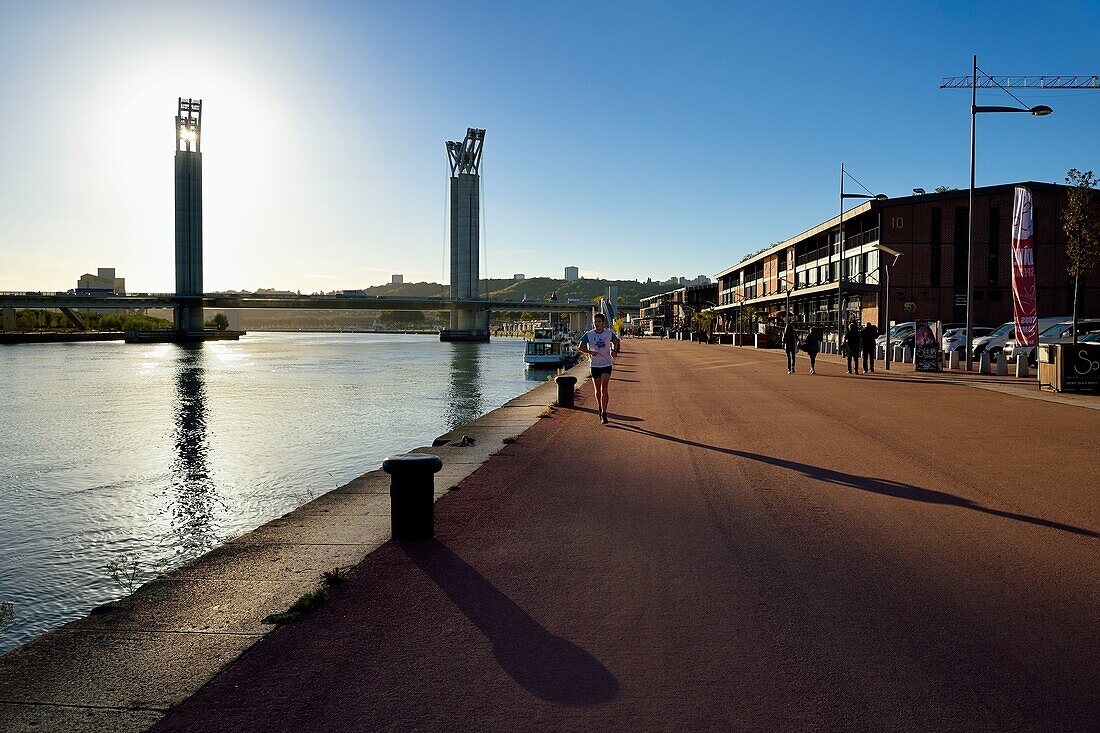 France, Seine Maritime, Rouen, Gustave Flaubert lift bridge over the Seine river and the embankments