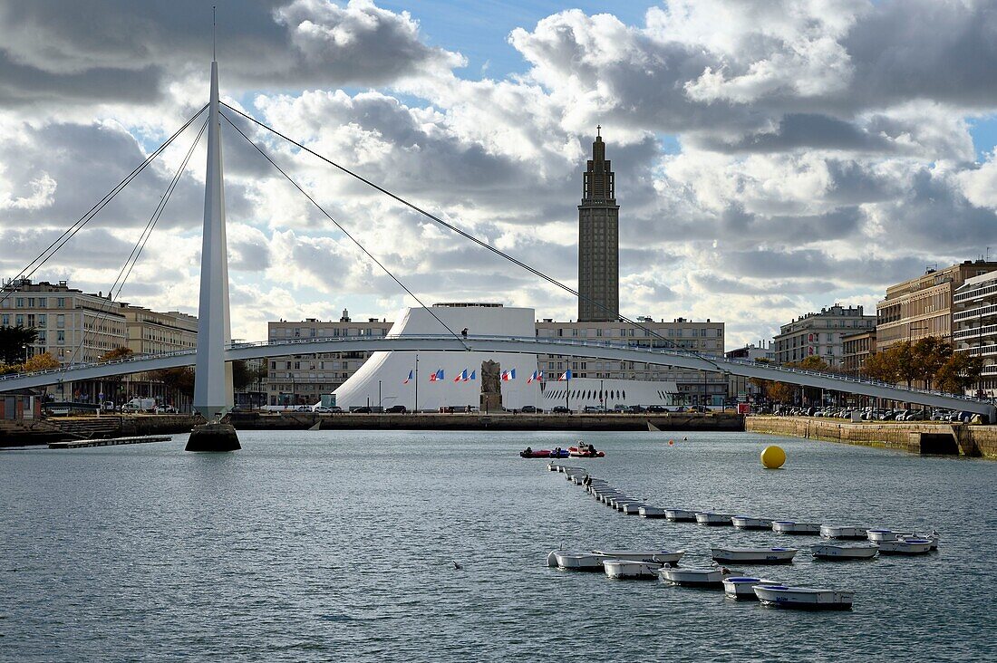 France, Seine Maritime, Le Havre, Downtown rebuilt by Auguste Perret listed as World Heritage by UNESCO, Perret buildings around the Bassin du Commerce, the footbridge, the Volcan created by Oscar Niemeyer and the Lantern tower of Saint Joseph church