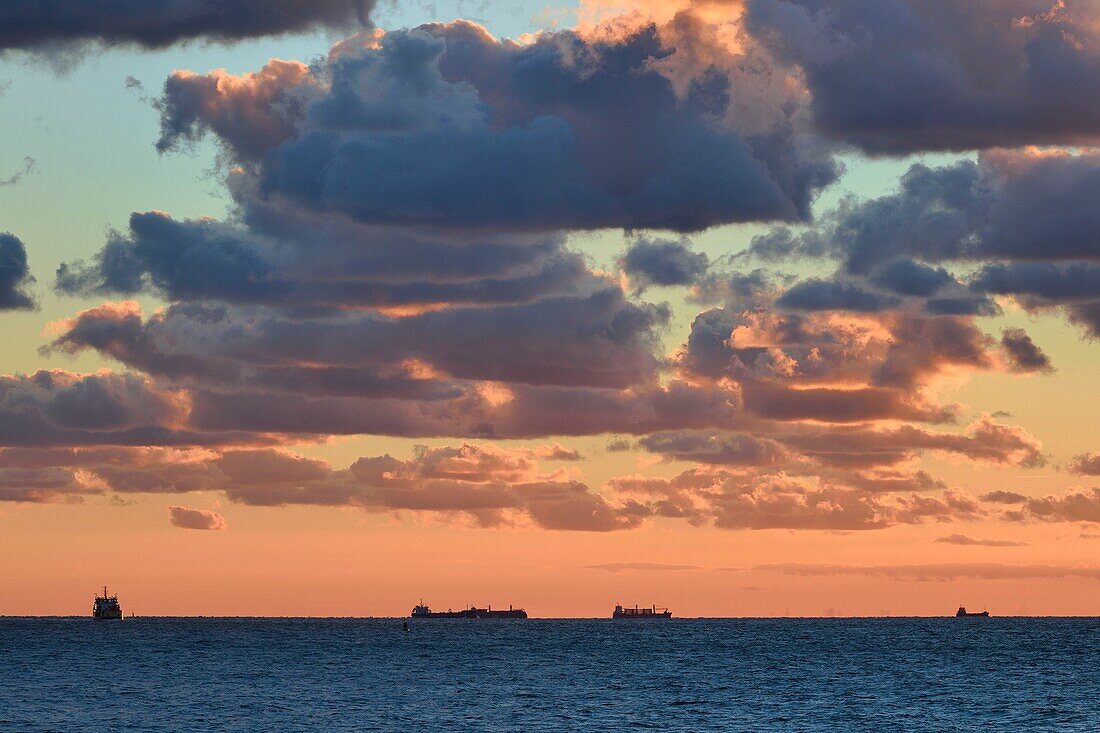 France, Seine Maritime, Le Havre, cargo ships anchored in the Le Havre port waiting area off the coast