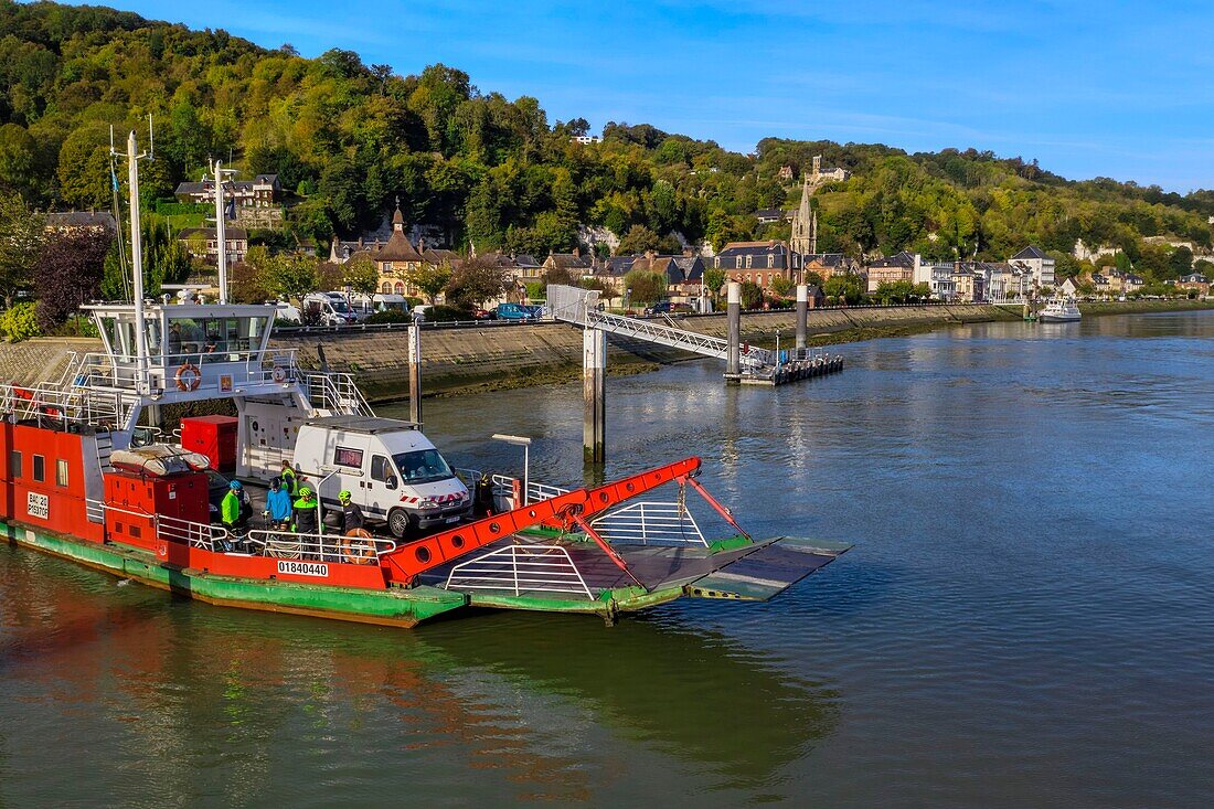 France, Seine-Maritime, Norman Seine River Meanders Regional Nature Park, the ferry crossing the Seine river at the village of La Bouille (aerial view)