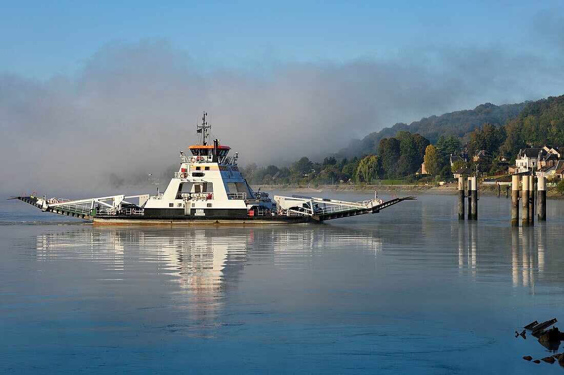 France, Seine-Maritime, Pays de Caux, Norman Seine River Meanders Regional Nature Park, Duclair, the ferry crossing the Seine in the morning mist