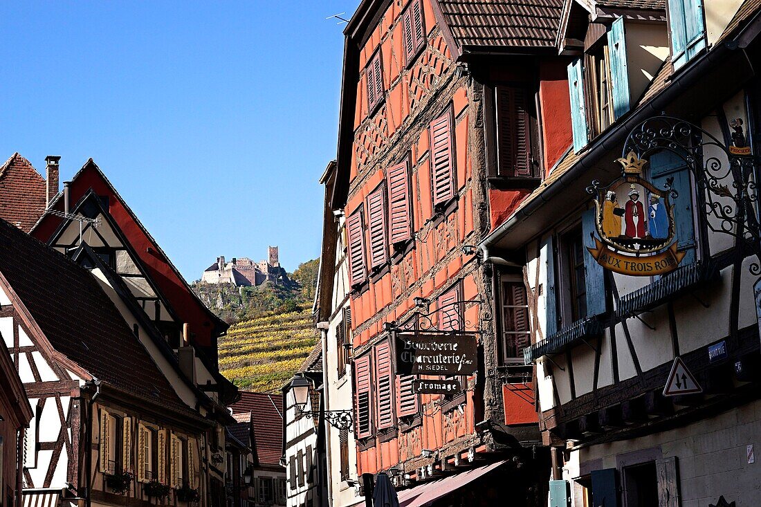 France, Haut Rhin, Ribeauvillé, Grand Rue and St Ulrich castle.