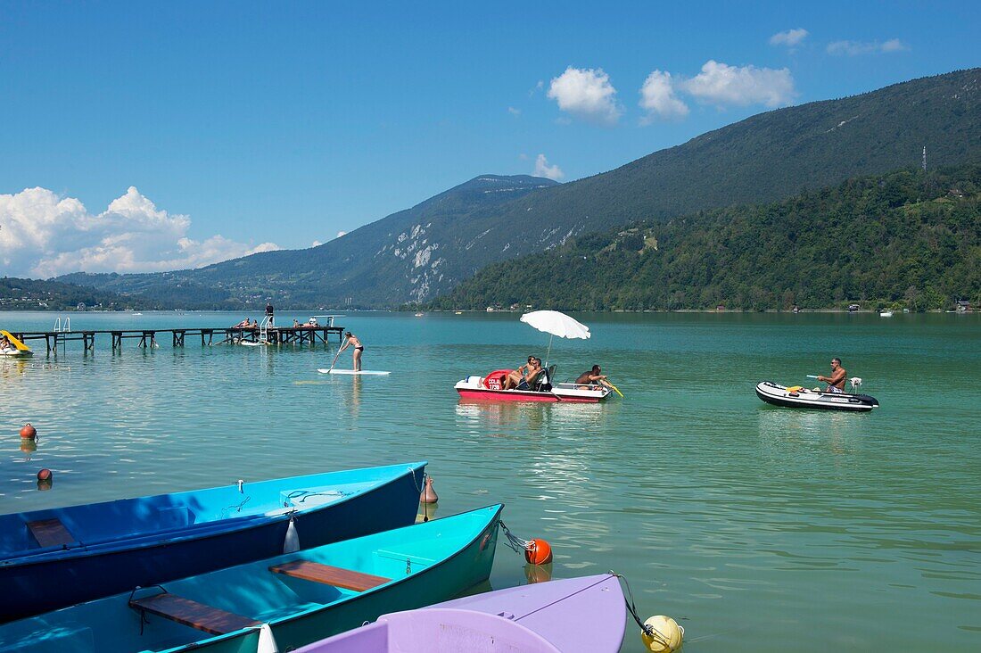 France, Savoie, Lake Aiguebelette, the beach of the hotel Sirens near Lépin the lake and the mountain of the Epine