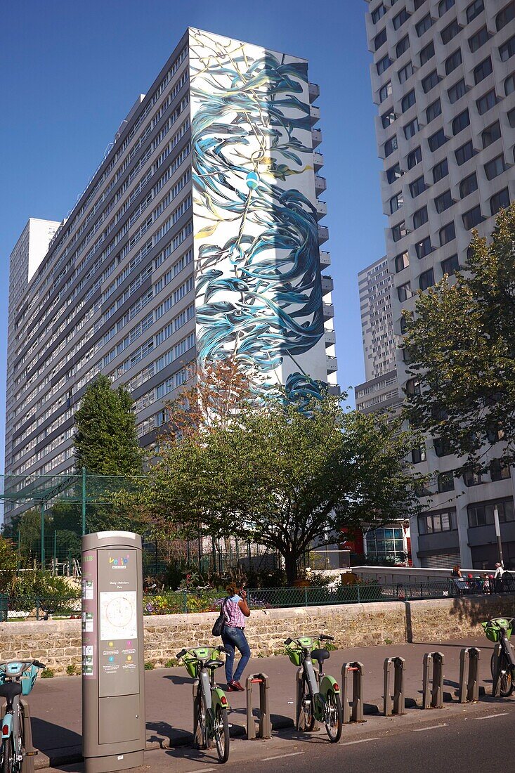 France, Paris, Street Art 13, Olympiades district, fresco Monumental Whirlwind by the street artist Pantonio