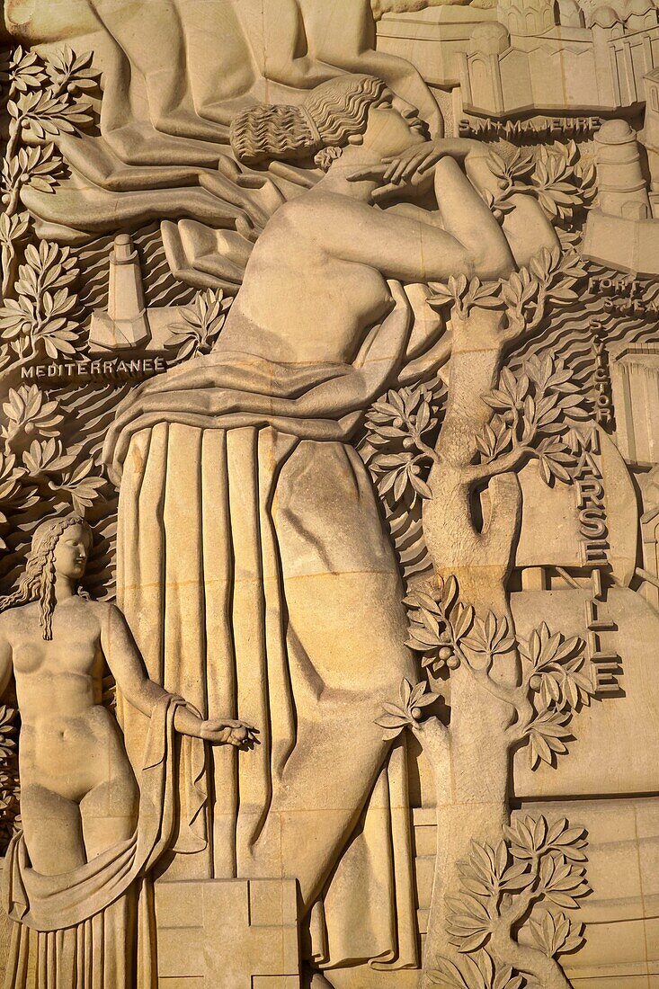 France, Paris, Porte Doree, palace of the Porte Doree and Musee de l'Histoire de l'Immigration, bas relief by Alfred Janniot