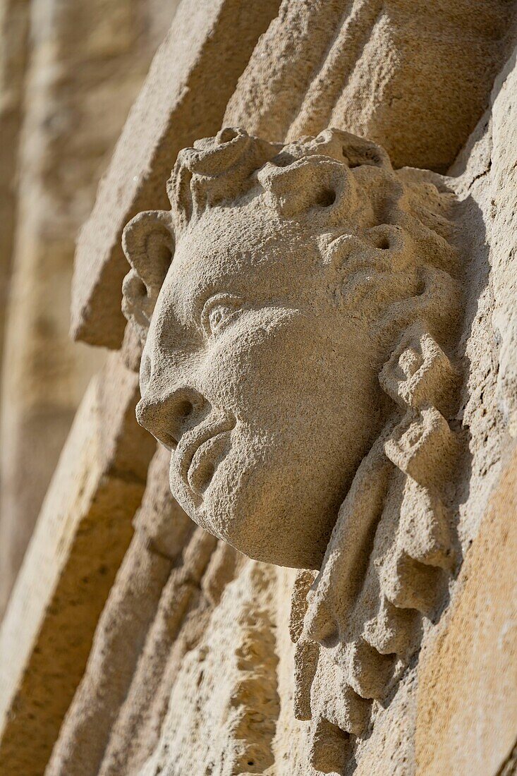 France, Gironde, Verdon sur Mer, rocky plateau of Cordouan, lighthouse of Cordouan, listed as Monument Historique, masonry detail, mascaron