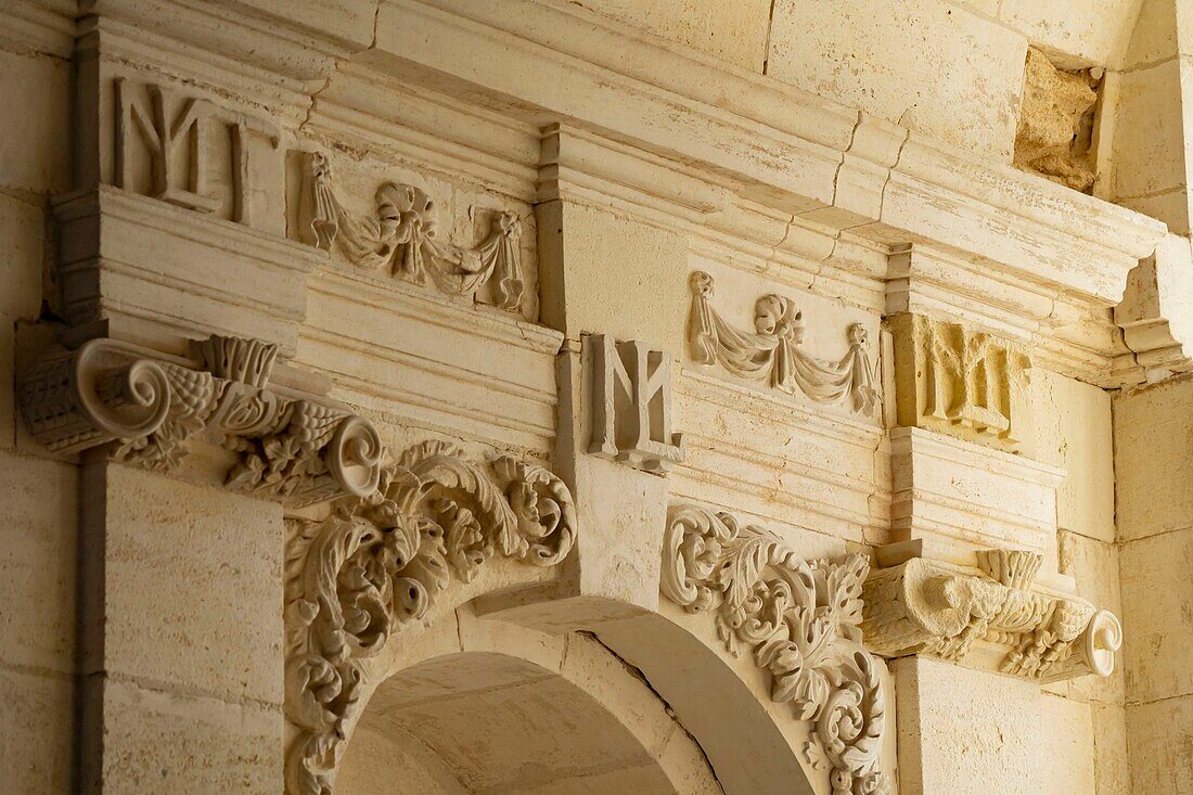 France, Gironde, Verdon sur Mer, rocky plateau of Cordouan, lighthouse of Cordouan, listed as World Heritage by UNESCO, the King's apartment or kings' room, the letters MTL refer to Louis XIV and his wife Marie Therese of Austria