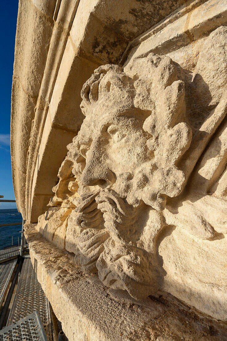 France, Gironde, Verdon sur Mer, rocky plateau of Cordouan, lighthouse of Cordouan, listed as Monument Historique, masonry detail