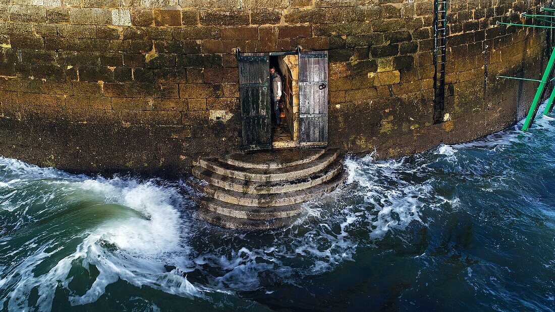 France, Gironde, Verdon sur Mer, rocky plateau of Cordouan, lighthouse of Cordouan, listed as Monument Historique, access door closed during high tides