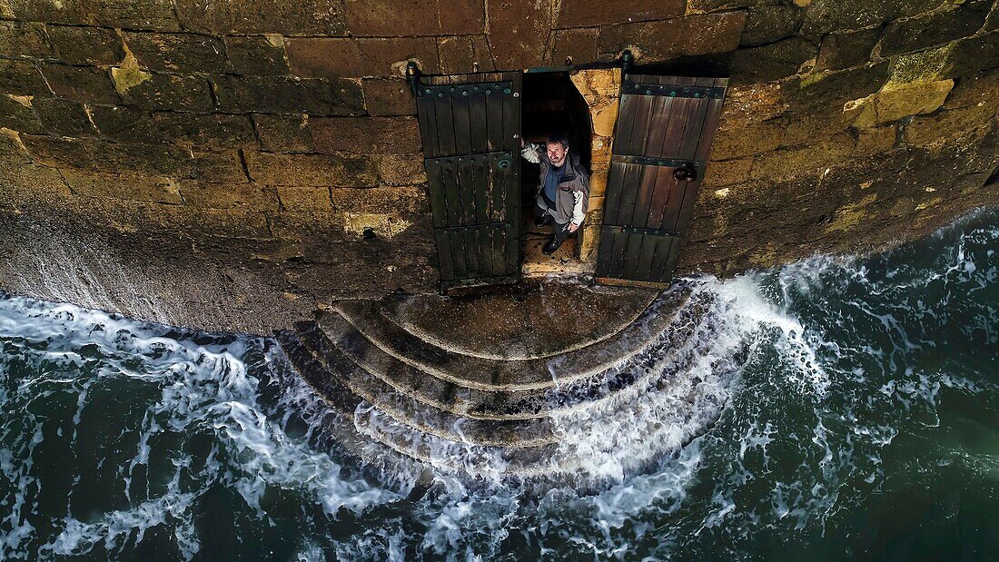 France, Gironde, Verdon sur Mer, rocky plateau of Cordouan, lighthouse of Cordouan, listed as Monument Historique, access door closed during high tides