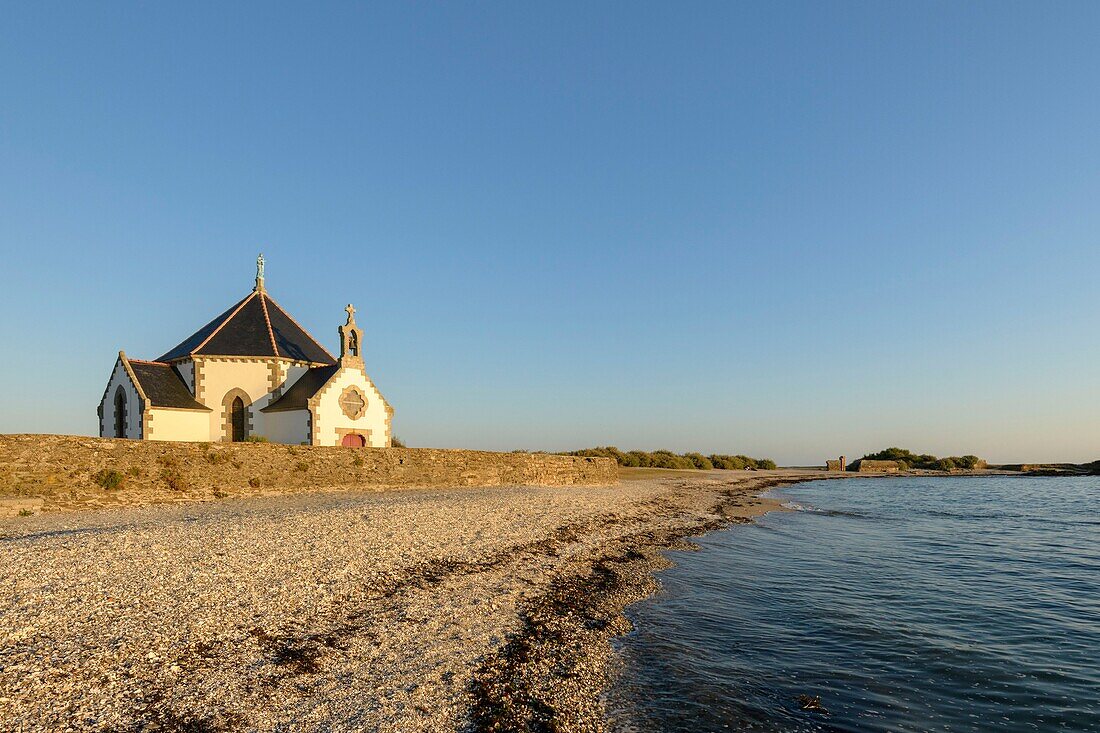 France, Morbihan, Sarzeau, Notre Dame of the coast Chapel on the Rhuys Peninsula at sunset