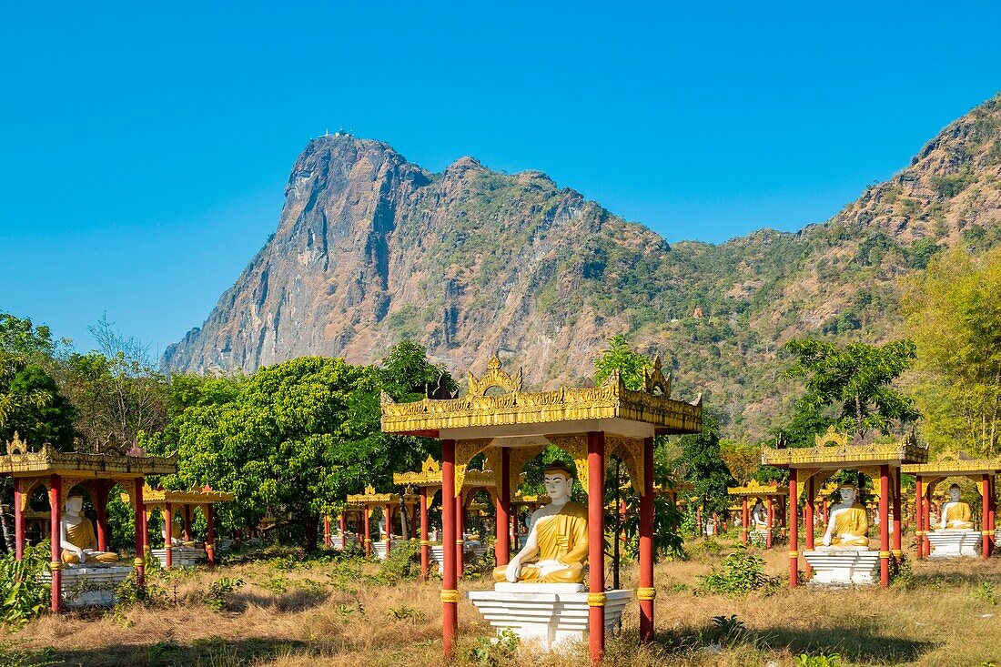 Myanmar (Burma), Karen State, Hpa An, Lumbini Garden of 1000 Buddhas and Mount Zwe Ga Bin