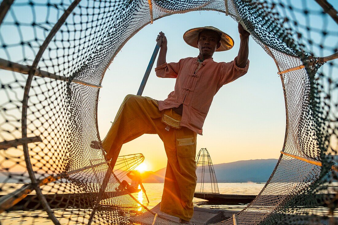 Myanmar (Burma), Shan State, Inle Lake, Intha fishermen with their conical net