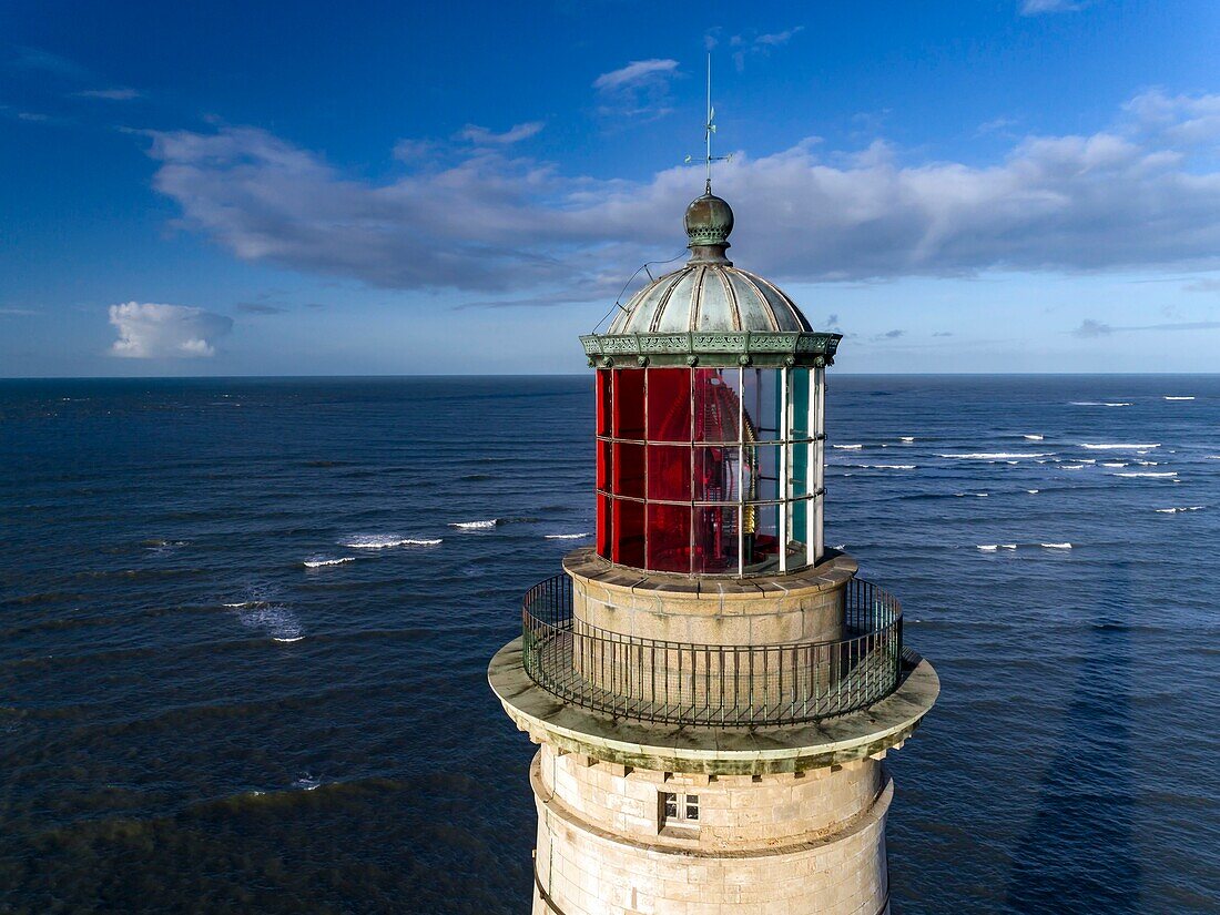 France, Gironde, Verdon sur Mer, rocky plateau of Cordouan, lighthouse of Cordouan, listed as Monument Historique, general view at high tide (aerial view) of the lantern