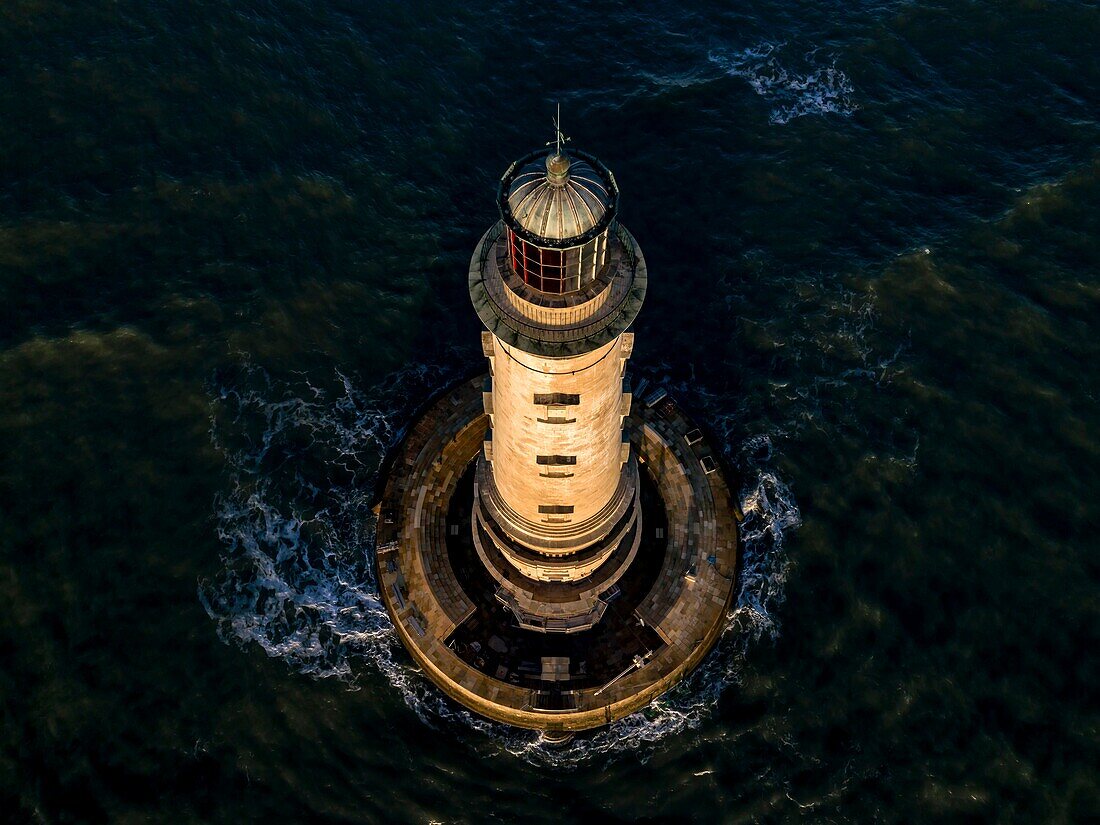 France, Gironde, Verdon sur Mer, rocky plateau of Cordouan, lighthouse of Cordouan, listed as Monument Historique, general view at high tide (aerial view)