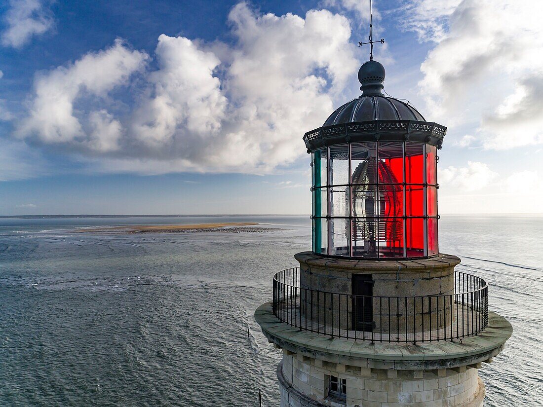 France, Gironde, Verdon sur Mer, rocky plateau of Cordouan, lighthouse of Cordouan, listed as Monument Historique, general view at high tide (aerial view) of the lantern