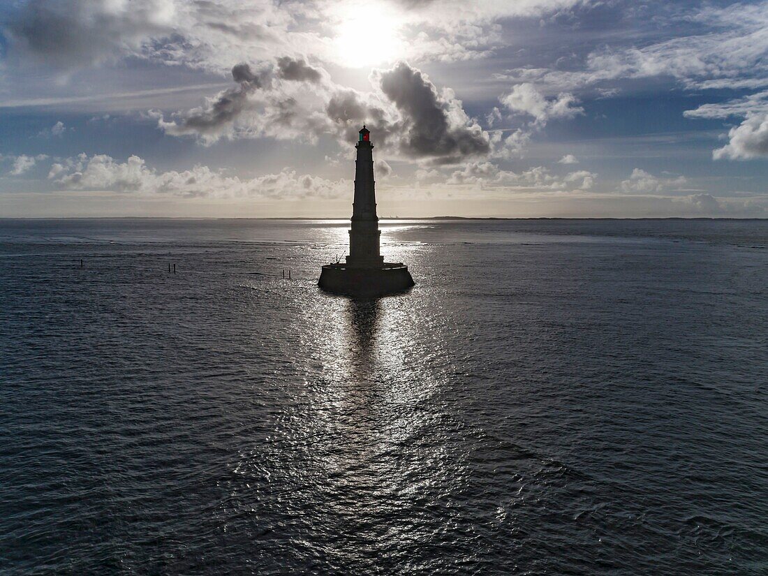 France, Gironde, Verdon sur Mer, rocky plateau of Cordouan, lighthouse of Cordouan, listed as Monument Historique, general view at high tide (aerial view)