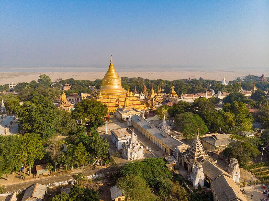 Myanmar (Burma), Mandalay region, Bagan Buddhist archaeological site, Nyaung U, Shwezigon pagoda (aerial view)