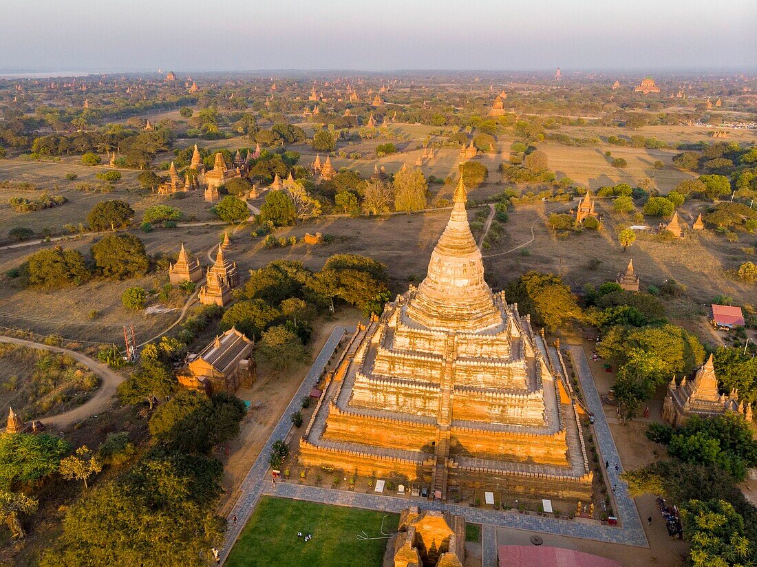 Myanmar (Burma), Mandalay region, Buddhist archaeological site of Bagan listed as World Heritage by UNESCO, Swesandaw temple (aerial view)
