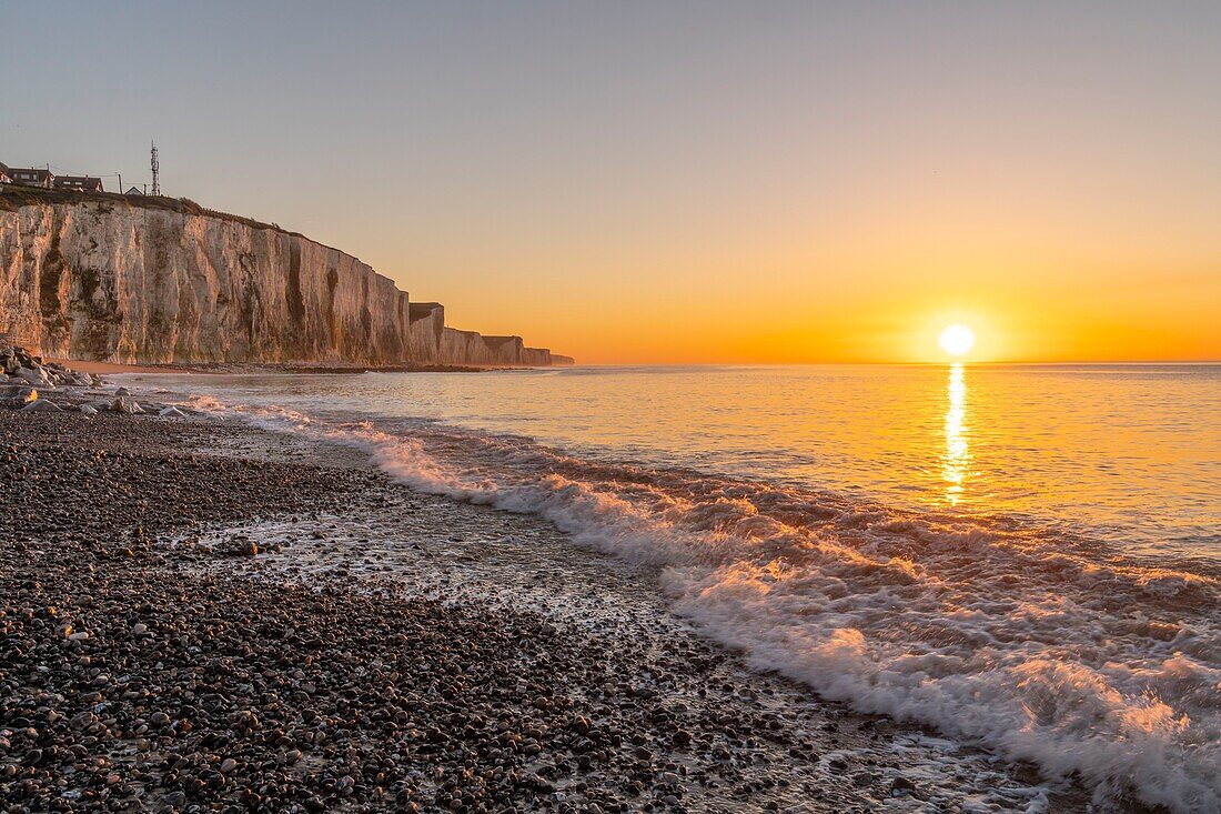 France, Somme, Picardy Coast, Ault, twilight at the foot of the cliffs that stretch towards Le Tréport and Normandy