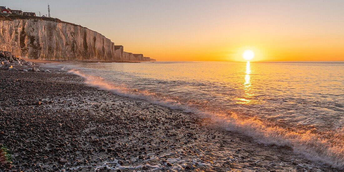 France, Somme, Picardy Coast, Ault, twilight at the foot of the cliffs that stretch towards Le Tréport and Normandy