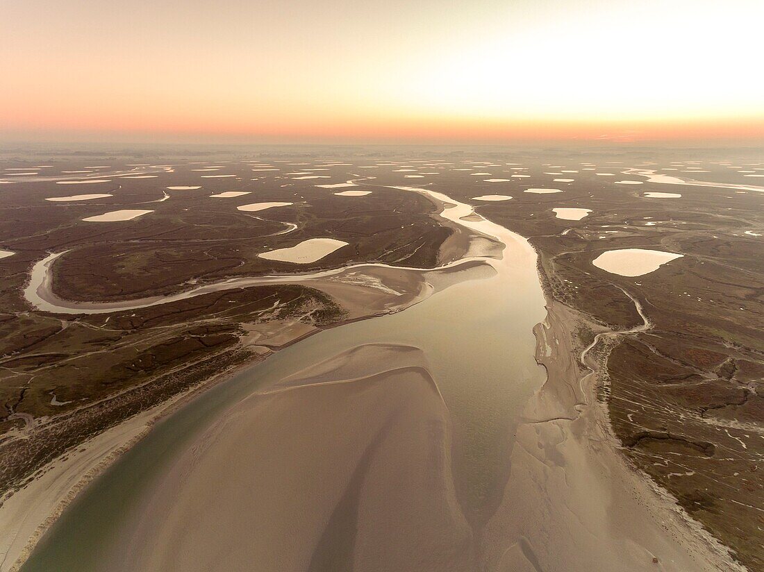 France, Somme, Baie de Somme, Saint-Valery-sur-Somme, Cape Hornu, aerial view of the channel of the Somme and schorre where some parts are mowed to promote the growth of the samphire harvested by foot fishermen