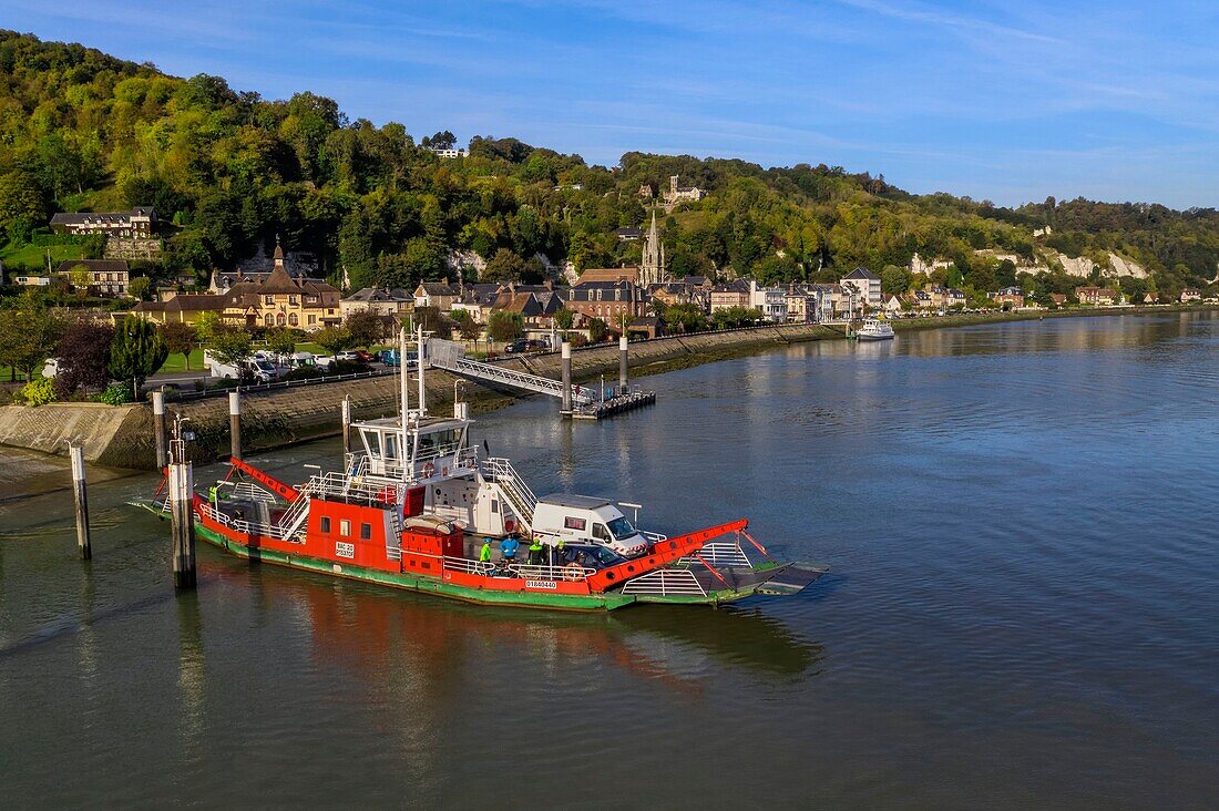 France, Seine-Maritime, Norman Seine River Meanders Regional Nature Park, the ferry crossing the Seine river at the village of La Bouille (aerial view)