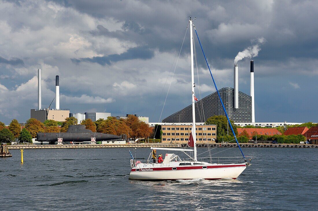 Denmark, Zealand, Copenhagen, port of Copenhagen, submarine at the Holmen Naval Base in the background