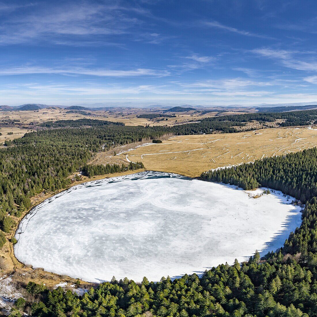 France, Puy de Dome, Orcival, Regional Natural Park of the Auvergne Volcanoes, Monts Dore, Servièress lake, volcanic maar lake (aerial view)