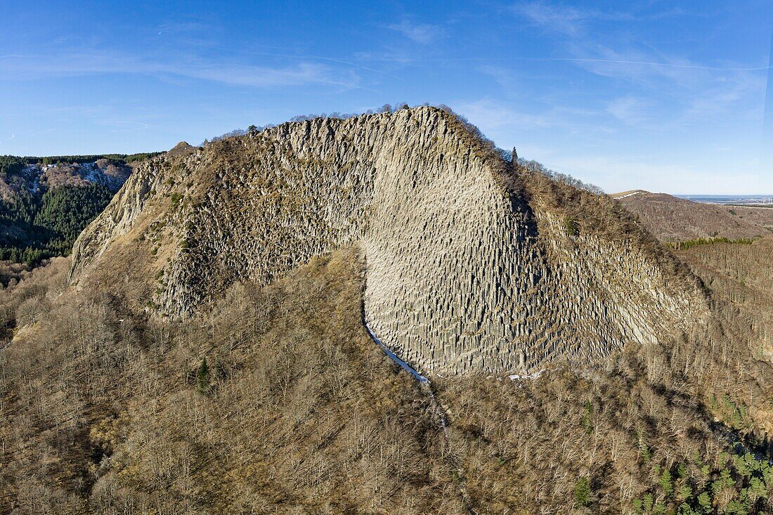 France, Puy de Dome, Orcival, Regional Natural Park of the Auvergne Volcanoes, Monts Dore, Tuiliere rock, volcanic pipe formed phonolite (aerial view)