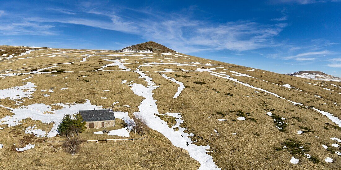 France, Puy de Dome, Mont Dore, Regional Natural Park of the Auvergne Volcanoes, Monts Dore, the Puy Corde (aerial view)