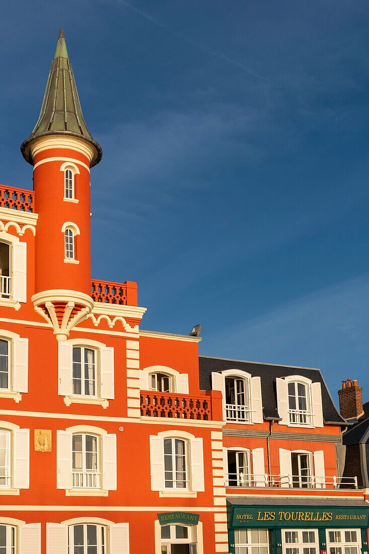 France, Somme, Baie de Somme, Le Crotoy, the hotel Les Tourelles, emblem of Le Crotoy and the Baie de Somme with its small towers