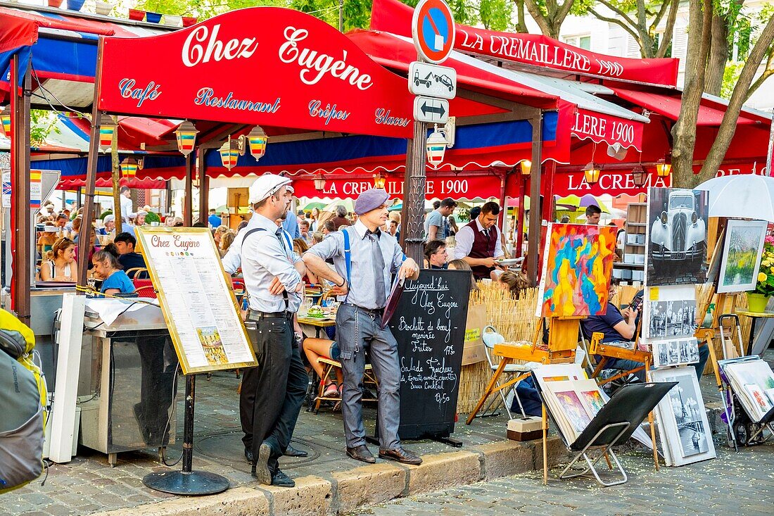 France, Paris, Butte Montmartre, Place du Tertre with its typical restaurants, Chez Eugene