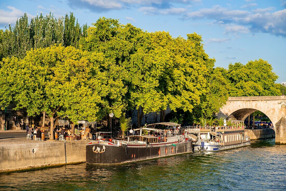 Frankreich, Paris, von der UNESCO zum Weltkulturerbe erklärtes Gebiet, Seine-Ufer, Kai Henri IV, Kahnrestaurant