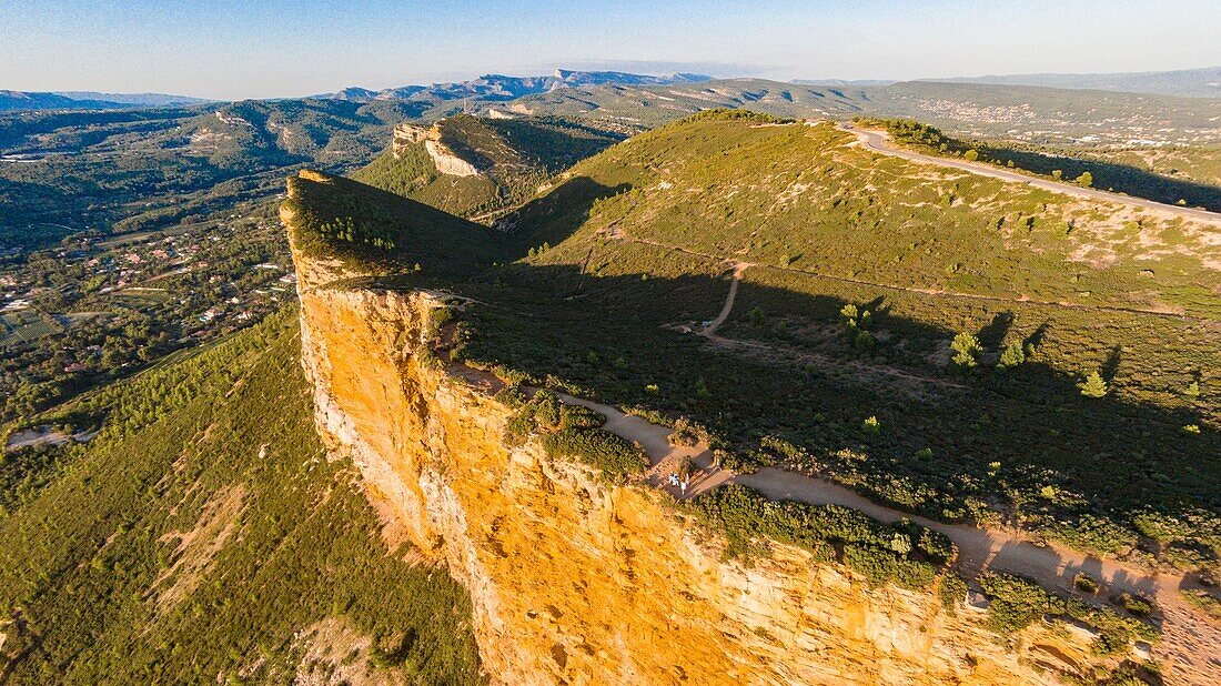 France, Bouches du Rhone, Cassis, Calanques National Park, the Cap Canaille the highest maritime cliff in Europe between La Ciotat and Cassis (aerial view)