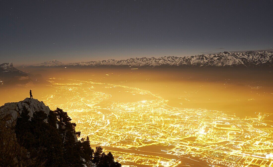 France, Isere, Le Moucherotte, Night view of Grenoble city from the top of Vercors range