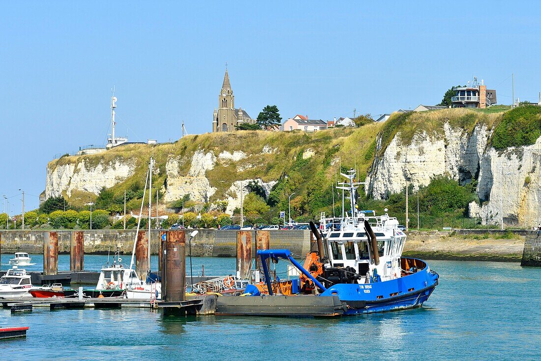 France, Seine Maritime, Pays de Caux, Cote d'Albatre, Dieppe, the harbour and the Quai Henri IV and Notre Dame de Bon Secours church built in 1876 at the top of the North cliff