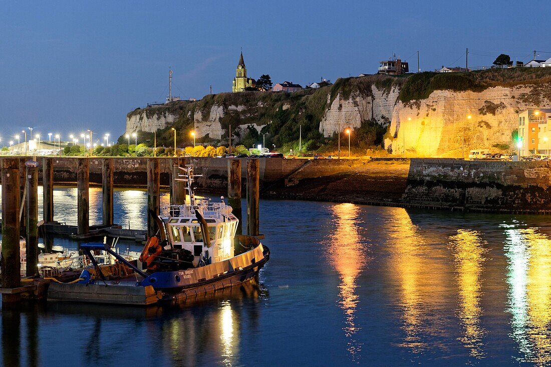 France, Seine Maritime, Pays de Caux, Cote d'Albatre, Dieppe, the harbour and the Quai Henri IV and Notre Dame de Bon Secours church built in 1876 at the top of the North cliff