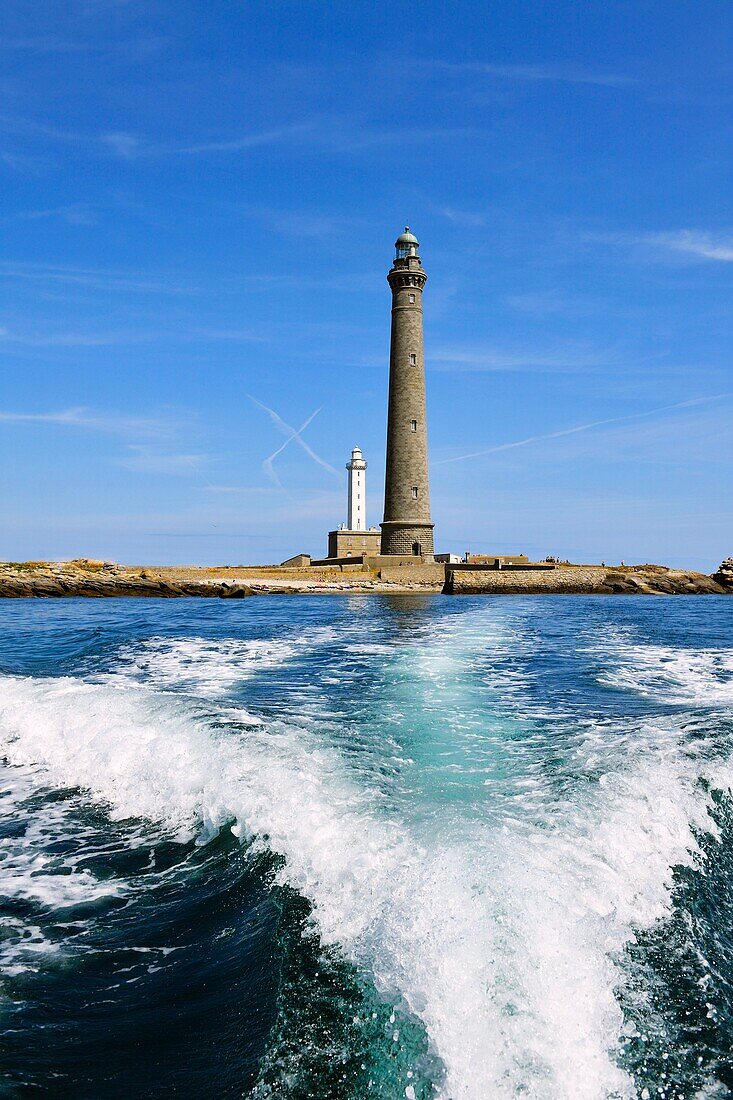 Frankreich, Finistere, Plouguernau, die Jungferninsel im Archipel von Lilia, der Leuchtturm der Jungferninsel, der höchste Leuchtturm Europas mit einer Höhe von 82,5 Metern