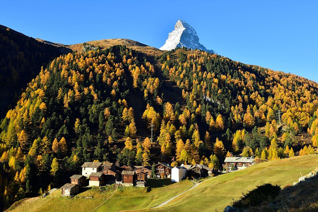 Switzerland, canton of Valais, Zermatt, hamlet Zmutt in front of the Matterhorn (4478m)