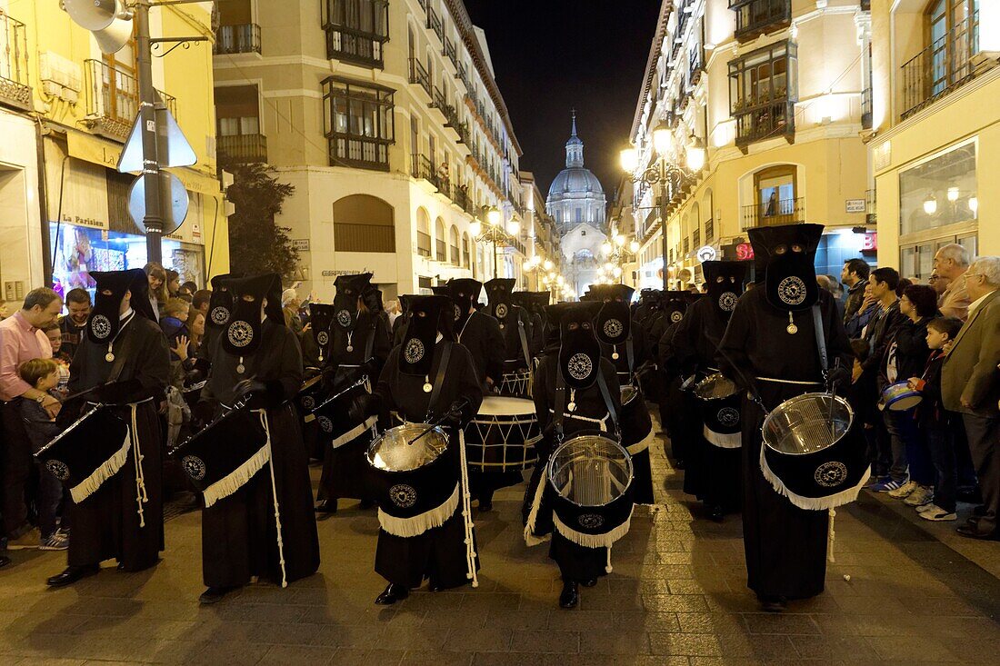 Spain, Aragon Region, Zaragoza Province, Zaragoza, Semana Santa (Holy Week) celebrations, Basilica de Nuestra Senora de Pilar in the background