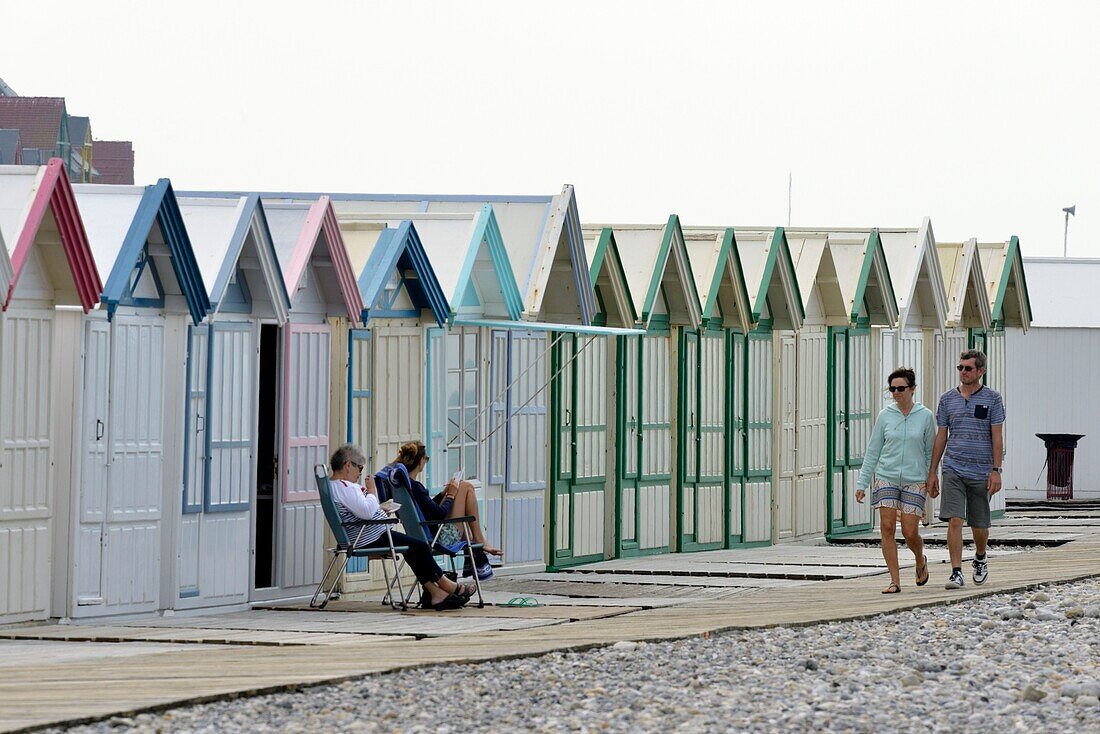 France, Somme, Baie de Somme (Somme bay), Cayeux sur Mer, the boardwalk lined with 400 colorful cabins and 2 km long