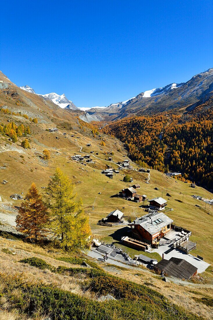 Schweiz, Kanton Wallis, Zermatt, Weiler Findeln am Fusse des Matterhorns, Gipfel Strahlhorn und Adlerhorn