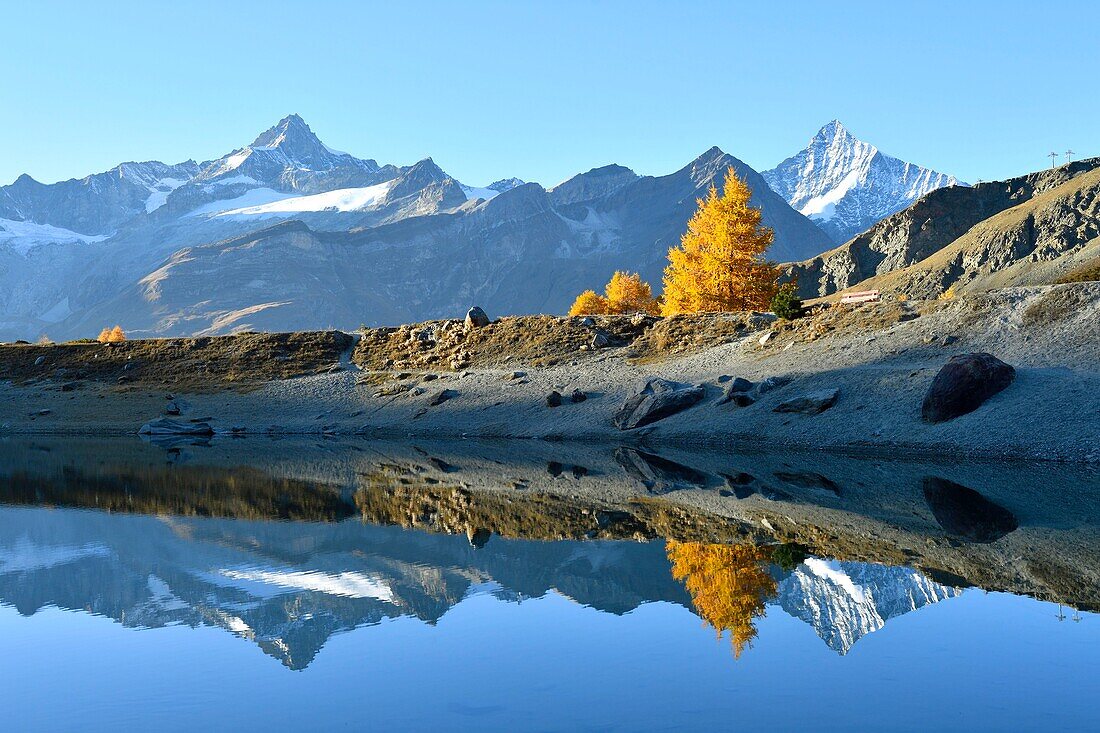 Switzerland, canton of Valais, Grünsee (2300 m) with a view of Gabelhorn (4063 m) and Zinalrothorn (4221 m) montains