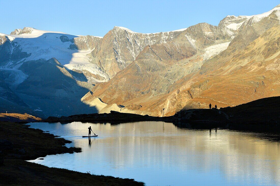 Switzerland, canton of Valais, Zermatt, Lake Stellisee and Valais Alps