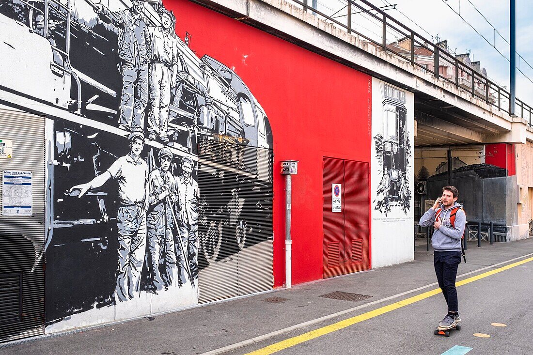 France, Isere, Grenoble, Camille Desmoulins street, fresco Stories of Trains around the Estacade railway bridge by the artist Nessé